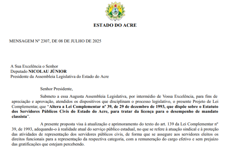 Governo envia PL à Assembleia Legislativa que reduz licença de servidores para atuação em sindicatos no Acre