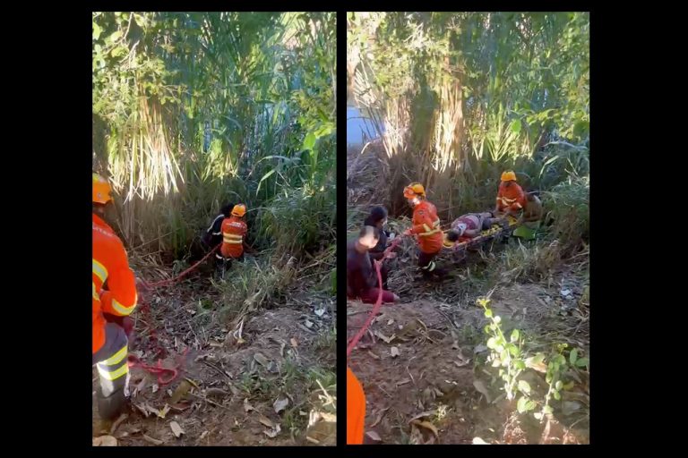 Mulher é retirada de área de barranco após queda às margens do Rio Acre em Brasiléia