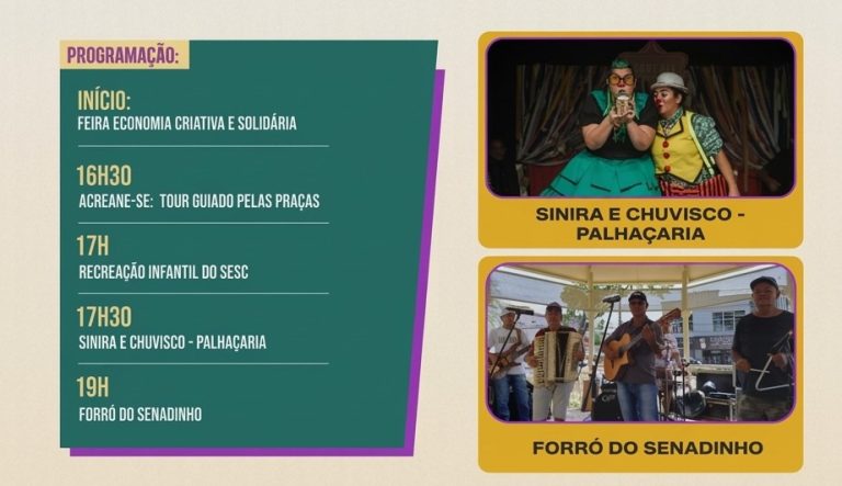 Recreação infantil, palhaçaria e Forró do Senadinho estão entre as atrações do Cultura na Praça neste sábado