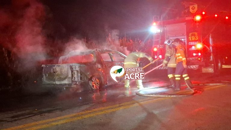 Batida na BR-364 deixa quatro feridos e termina com carro destruído pelo fogo